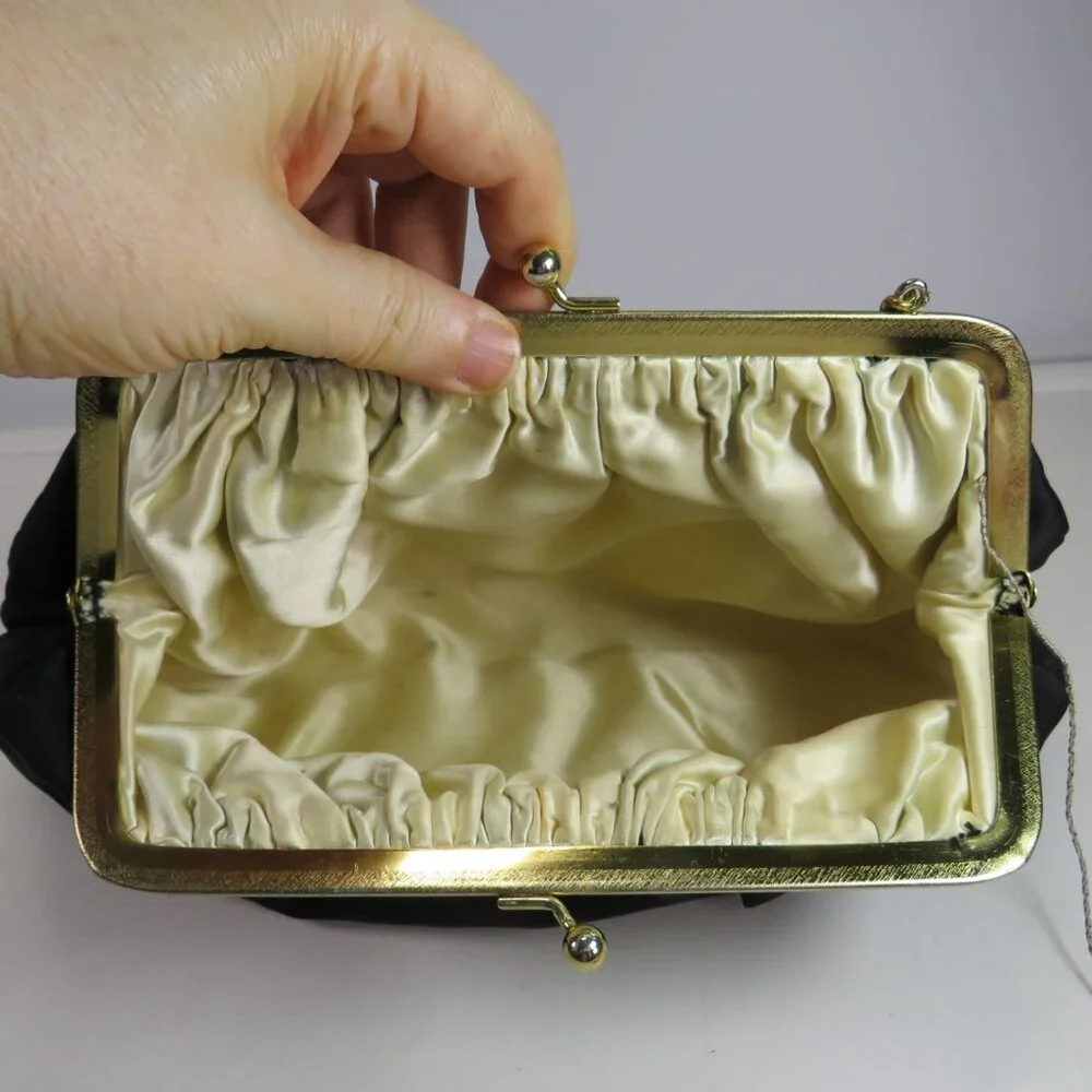 Vintage Julius Resnick Black Satin Evening Clutch | Mid Century MCM Purse Set